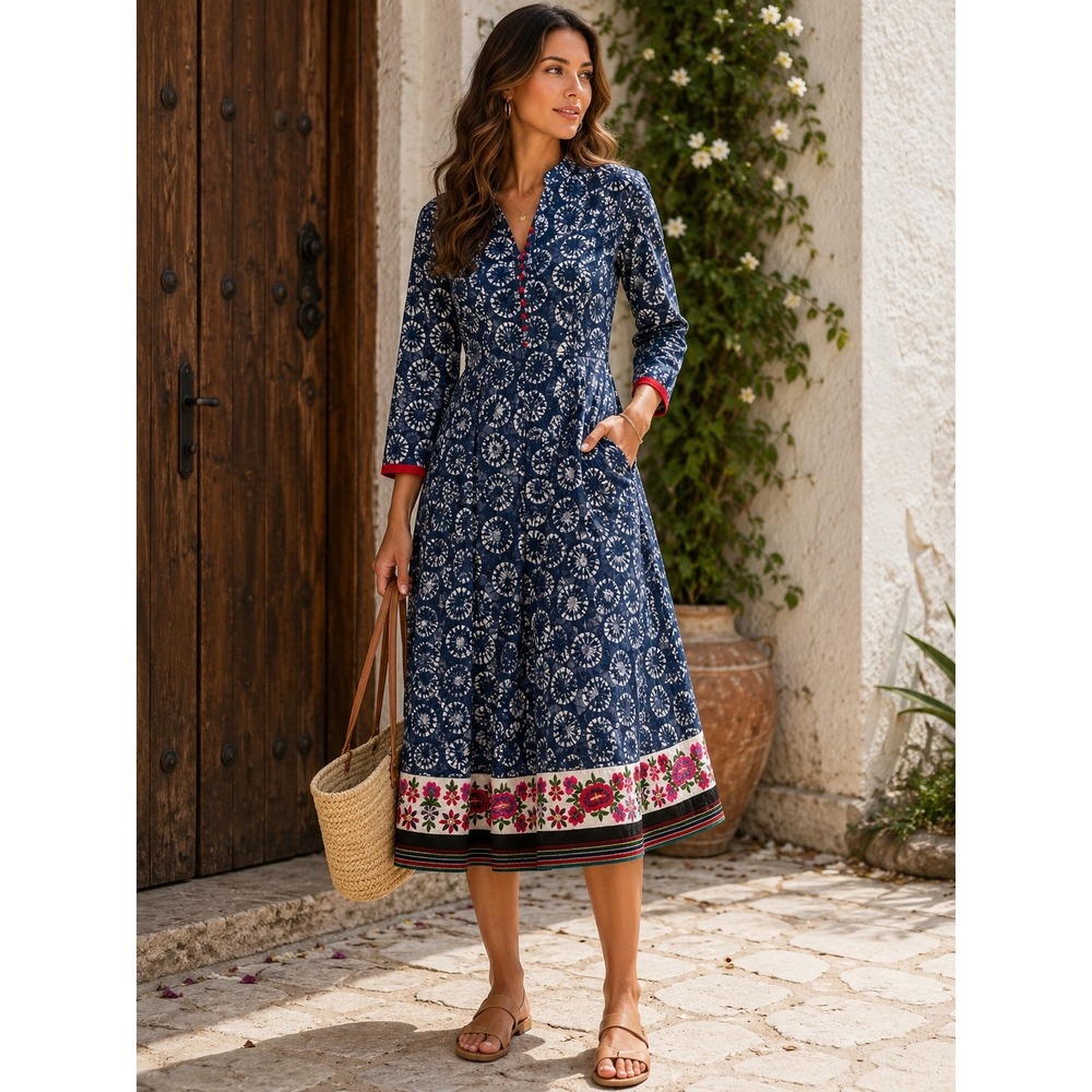 Kashkha Blue Batik Floral Embroidered Hem Midi Dress Pom Pom Buttons Womens S